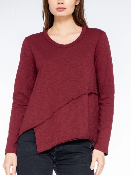 Emma & Olivia Long-Sleeve Asymmetric Layered Top - Burgundy Size L